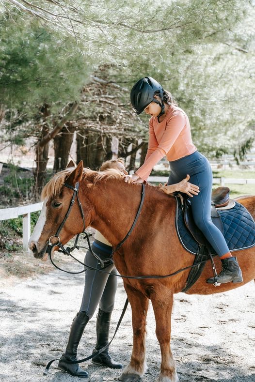 A rider leaning down from the saddle to pat her chestnut pony